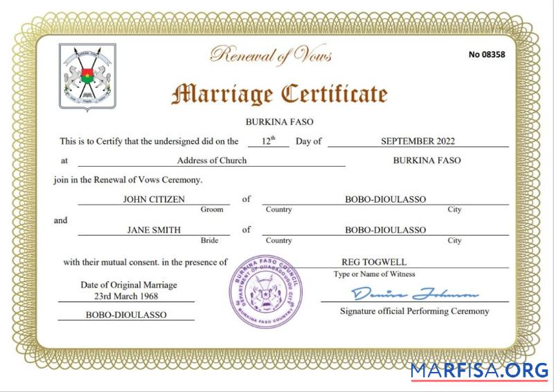 Downloadable Burkina Faso marriage certificate Word and PDF template